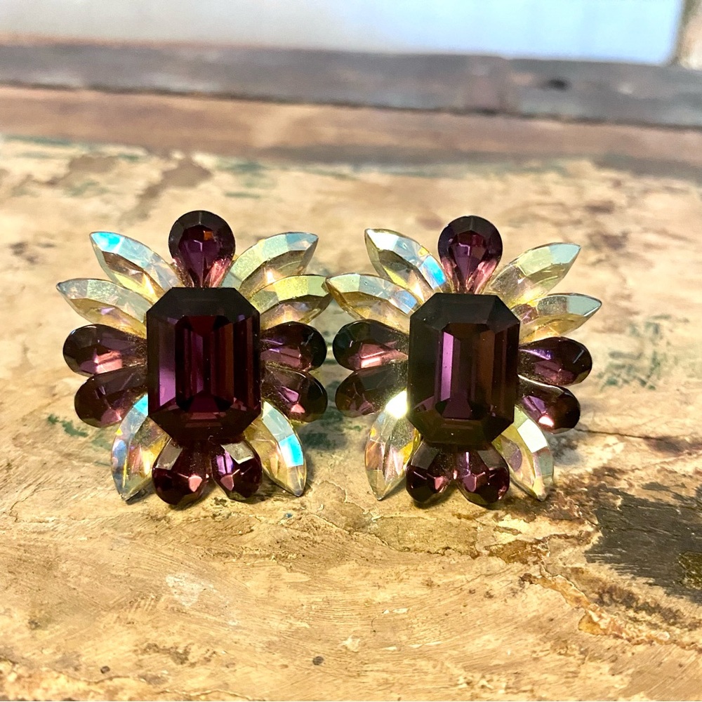 Vintage Signed Amethyst Michelle Sugar Clip on Amethyst Rhinestone earrings